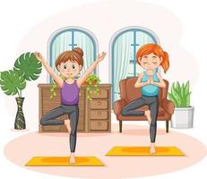 mujeres practicando yoga en casa vector