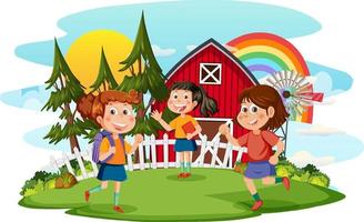 Farm scene with kids cartoon character vector