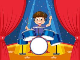 Young man playing drum on stage vector