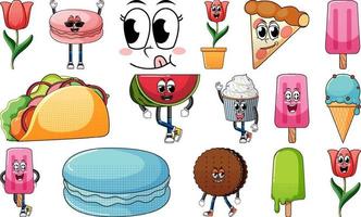 Set of objects and foods cartoon characters vector