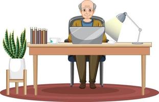 Old man using laptop on the desk vector