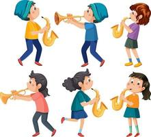 conjunto de diferentes niños tocando música vector