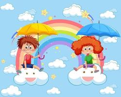 Happy kids in in the sky with rainbow vector