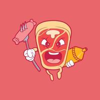 T bone steak character mascot vector illustration. Food, party, funny design concept.