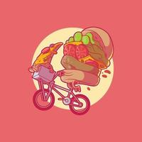 Burger character riding a bicycle with a pizza in front vector illustration. Fast food, funny, brand design concept.