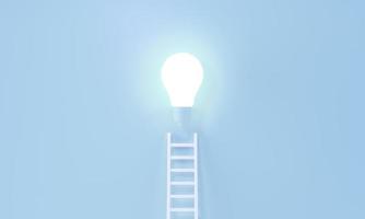 Ladder reaches up to a Glowing Light Bulb representing an Idea, creativity, invention concept. Minimalist blue pastel background. 3d rendering. photo