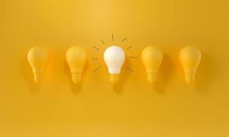 Glowing Light Bulb and handmade gloss lines between the others on yellow background. Leadership, innovation, great idea and creativity concepts. 3d rendering. photo