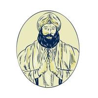 Sikh Priest Praying Front Oval Etching vector