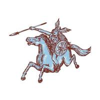 valquiria guerrera montando a caballo lanza grabado vector