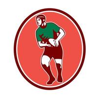 jugador de rugby corriendo pasando la pelota retro vector