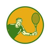 Tennis Player Forehand Circle Woodcut vector