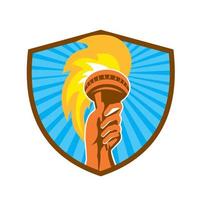 Hand Holding Burning Flaming Torch Shield Retro vector