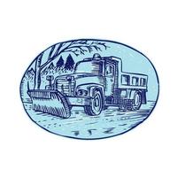 Snow Plow Truck Oval Etching vector