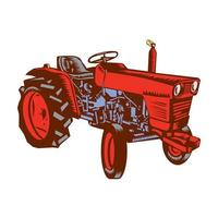 Vintage Farm Tractor Side Woodcut vector