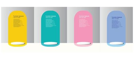 Set of white realistic 3d cylinder pedestal podium with pastel yellow  blue and pink in semi circle backdrop. Abstract vector rendering geometric platform. Product display presentation. Minimal scene.