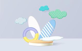 Summer background product display scene with surfboard. sky cloud background on the display. vector