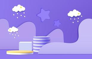 3d podium on background abstract geometric shapes with cute cloud for kids product display vector