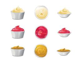 ketchup, mayonesa, conjunto de salsas de mostaza. ilustración vectorial realista aislada sobre fondo blanco.