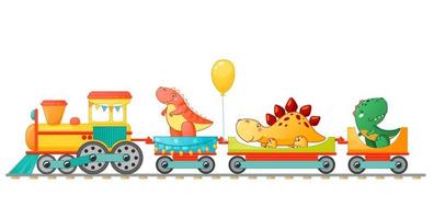 Train with cute little dinosaur in cartoon style. vector