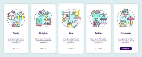 Social institutions list onboarding mobile app screen. Walkthrough 5 steps graphic instructions pages with linear concepts. UI, UX, GUI template. vector