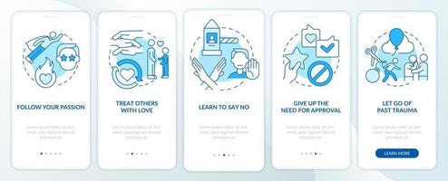 Self care daily activities blue onboarding mobile app screen. Walkthrough 5 steps graphic instructions pages with linear concepts. UI, UX, GUI template vector