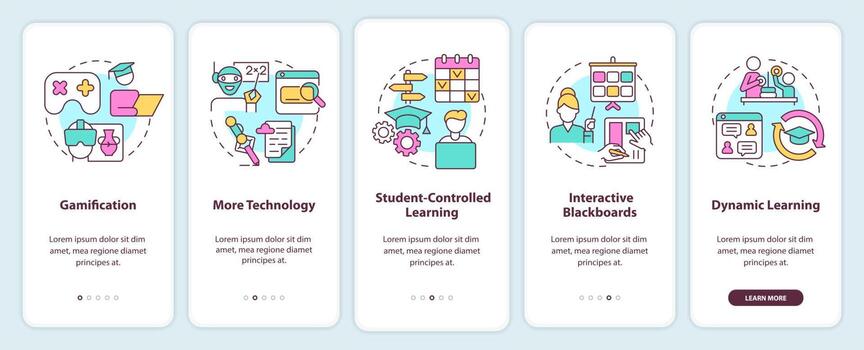 Technology in education trends onboarding mobile app screen. Digital walkthrough 5 steps graphic instructions pages with linear concepts. UI, UX, GUI template. vector