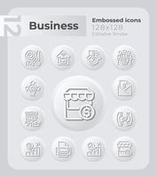 Small business management embossed icons set. E commerce. Neumorphism effect. Isolated vector illustrations. Minimalist button design collection. Editable stroke.