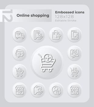 E commerce embossed icons set. Customer support. Purchasing. Neumorphism effect. Isolated vector illustrations. Minimalist button design collection. Editable stroke.
