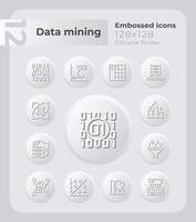 Data mining embossed icons set. Analytics. Discover trends. Neumorphism effect. Isolated vector illustrations. Minimalist button design collection. Editable stroke.