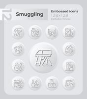 Smuggling goods embossed icons set. Illegal trade. Neumorphism effect. Isolated vector illustrations. Minimalist button design collection. Editable stroke.