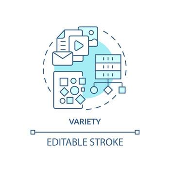 Variety turquoise concept icon. Big data characteristic abstract idea thin line illustration. Source of unstructured data. Isolated outline drawing. Editable stroke. vector