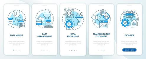 Collecting and processing data blue onboarding mobile app screen. Walkthrough 5 steps graphic instructions pages with linear concepts. UI, UX, GUI template. vector