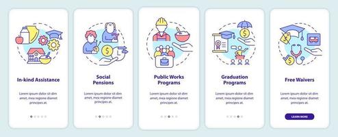 Social assistance examples onboarding mobile app screen. Walkthrough 5 steps graphic instructions pages with linear concepts. UI, UX, GUI template. vector