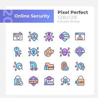 conjunto de iconos de color rgb perfectos de píxeles de seguridad en línea. prevención de virus informáticos. ilustraciones vectoriales aisladas. colección de dibujos de líneas llenas simples. trazo editable. vector