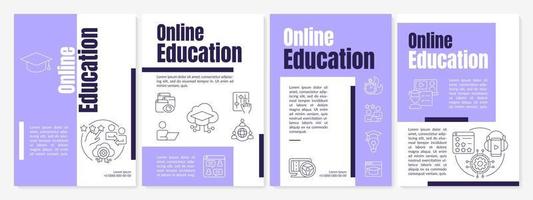 Online education purple brochure template. Learning trend and remote class. Leaflet design with linear icons. 4 vector layouts for presentation, annual reports.