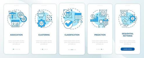 técnicas de minería de datos pantalla de aplicación móvil de incorporación azul. tutorial de información digital 5 pasos páginas de instrucciones gráficas con conceptos lineales. interfaz de usuario, ux, plantilla de interfaz gráfica de usuario. vector