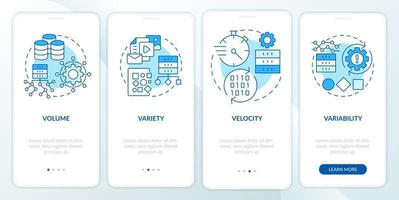 Characteristics of big data blue onboarding mobile app screen. Industry walkthrough 4 steps graphic instructions pages with linear concepts. UI, UX, GUI template. vector