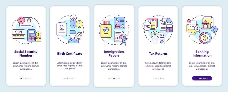 aplicación de programa social que incorpora la pantalla de la aplicación móvil. tutorial de documentos 5 pasos páginas de instrucciones gráficas con conceptos lineales. interfaz de usuario, ux, plantilla de interfaz gráfica de usuario. vector