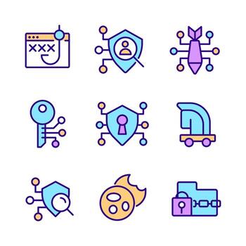 Malware and protection pixel perfect RGB color icons set. Phishing and cyber attack. Access control. Isolated vector illustrations. Simple filled line drawings collection. Editable stroke