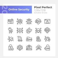 Online security pixel perfect linear icons set. Computer virus prevention. Customizable thin line symbols. Isolated vector outline illustrations. Editable stroke.