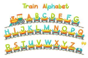 Train alphabet for kid in cartoon style. Capital letters only. Vector ABC letters for children education in school, preschool and kindergarten.