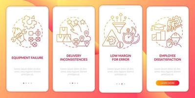 Lean production disadvantages red gradient onboarding mobile app screen. Walkthrough 4 steps graphic instructions pages with linear concepts. UI, UX, GUI template. vector