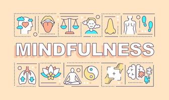 Mindfulness word concepts light peach banner. Meditation and yoga. Infographics with icons on color background. Isolated typography. Vector illustration with text