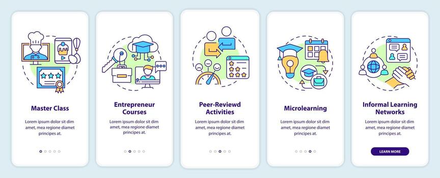 Online education trends onboarding mobile app screen. Learning channel walkthrough 5 steps graphic instructions pages with linear concepts. UI, UX, GUI template. vector