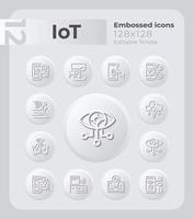 IoT embossed icons set. Smart cities. Gadgets, sensors. Neumorphism effect. Isolated vector illustrations. Minimalist button design collection. Editable stroke.