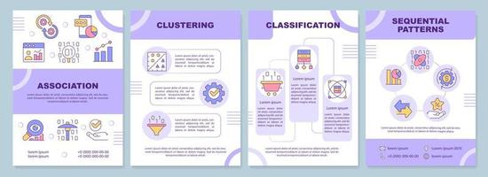 Data mining techniques purple brochure template. Machine learning. Leaflet design with linear icons. 4 vector layouts for presentation, annual reports.