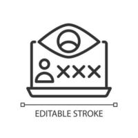 Spyware pixel perfect linear icon. Spying software. Monitors online behavior. Stealing data. Thin line illustration. Contour symbol. Vector outline drawing. Editable stroke.
