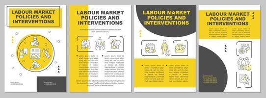 plantilla de folleto amarillo de políticas e intervenciones del mercado laboral. diseño de folletos con iconos lineales. 4 diseños vectoriales para presentación, informes anuales. vector