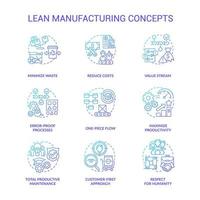 Lean manufacturing blue gradient icons set. Machine industry. Continuous production principles idea thin line color illustrations. Isolated symbols. vector
