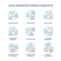 Lean manufacturing blue gradient icons set. Machine industry. Continuous production principles idea thin line color illustrations. Isolated symbols. vector